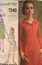 7240 SIMPLICITY 1967 DESIGNER SEAMED SHORT - LONG SLEEVE BUTTON COAT DRESS PATTERN 12 32B